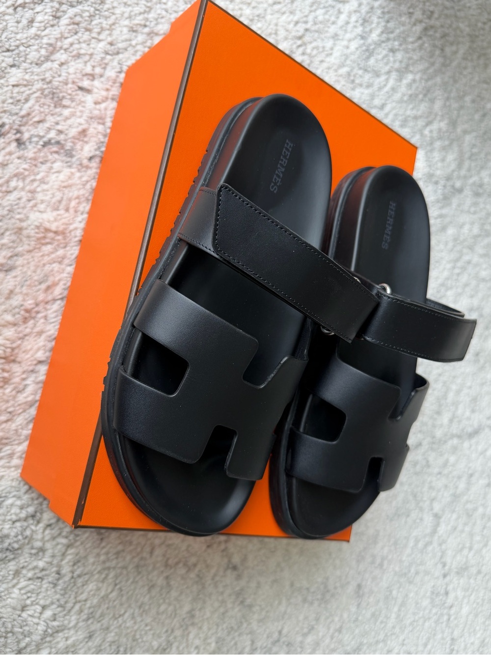 Hermes Black Leather Oran-Style Slide Sandals - Picture 2 of 9